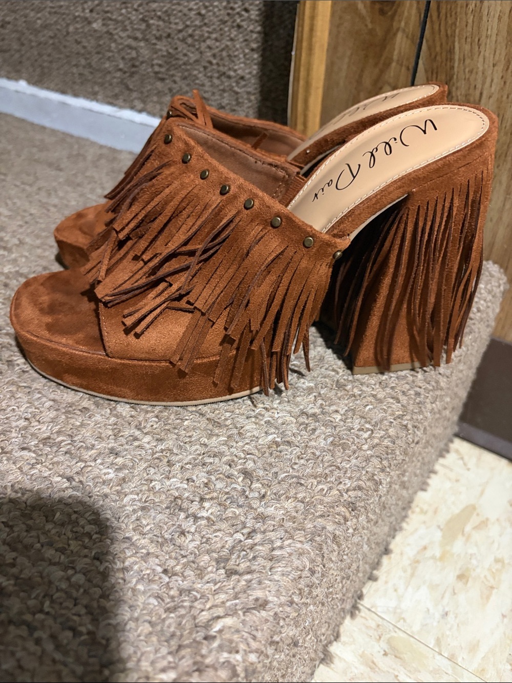 Wild Pair Fringe Platform Mule Heels in Rust Brown